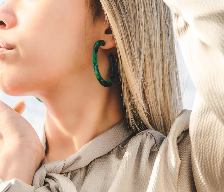 Amber & Orange; Dark Green Tortoise Shell Large Thick Hoop Earrings