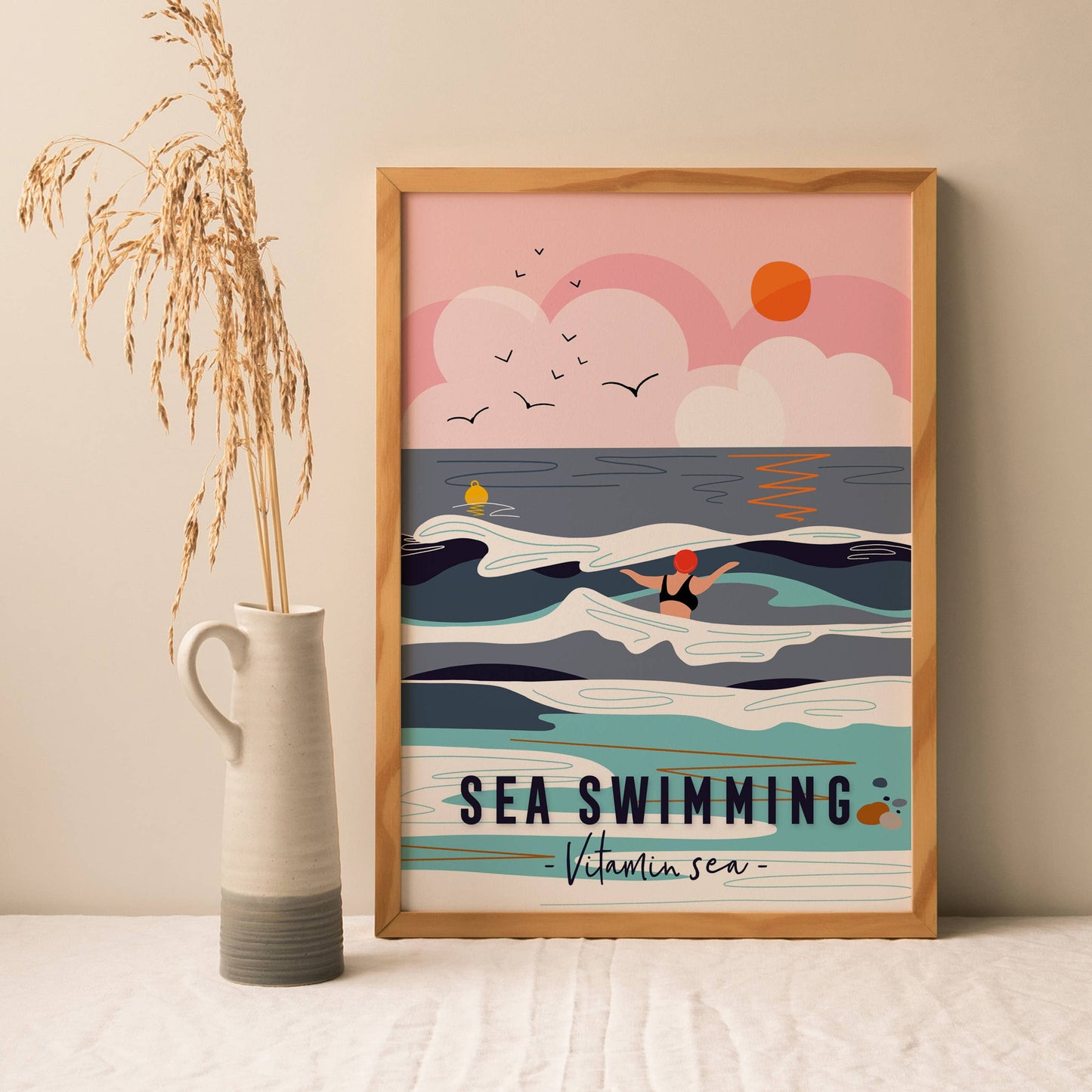 Sea swimming print coastal print wild swimming poster print A4