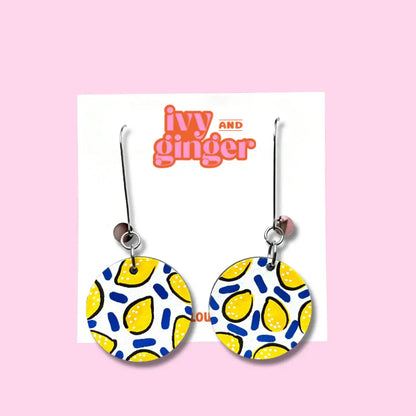 Lemon print Summer hand painted wooden dangle drop earrings