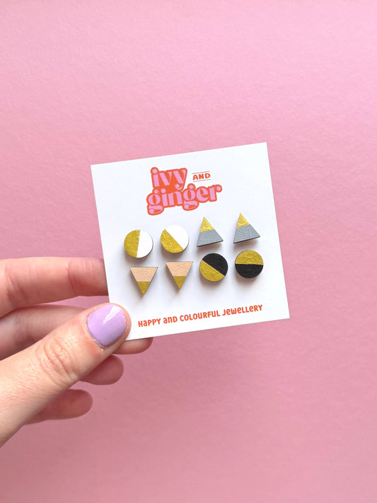 Mono gold four piece hand painted wooden earrings stud set