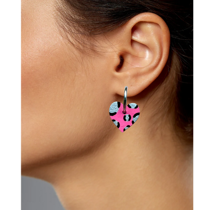 Bright pink and silver leopard print heart hoop earrings
