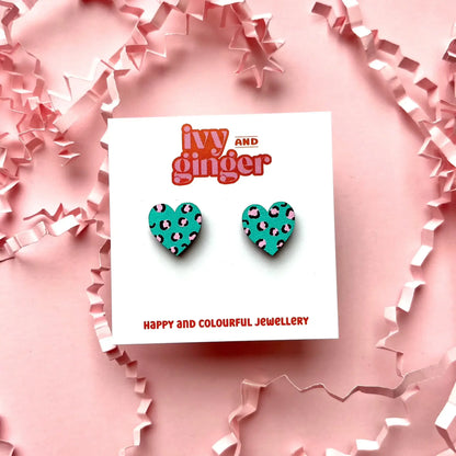 Midi Handmade Leopard Print Heart Studs Green and Pink