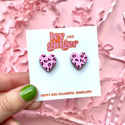 Midi neon pink leopard print heart hand painted earrings