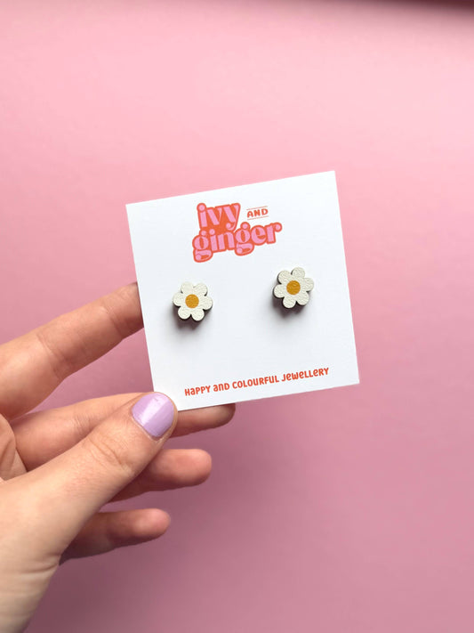 Midi daisy stud statement digitally printed wooden earrings