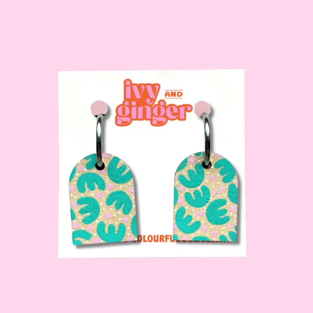 Hand painted fun retro tropic arch dangle hoop earrings