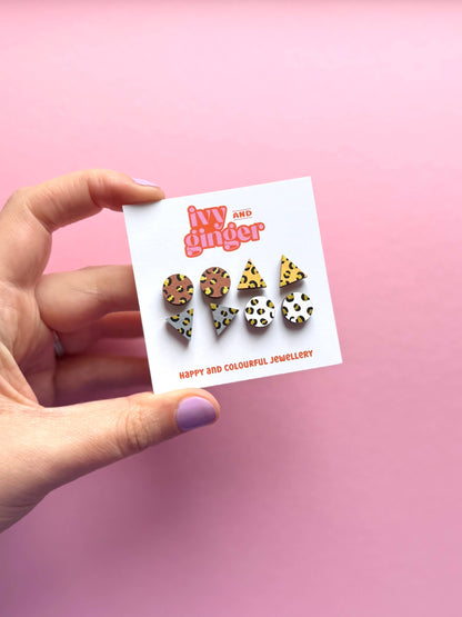 Gold Leopard Print Hand Painted Wooden Earrings Stud Set
