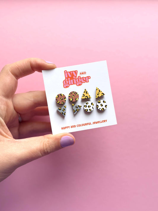 Gold Leopard Print Hand Painted Wooden Earrings Stud Set