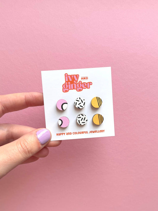 Handmade tropical mini stud earrings set hand painted wood