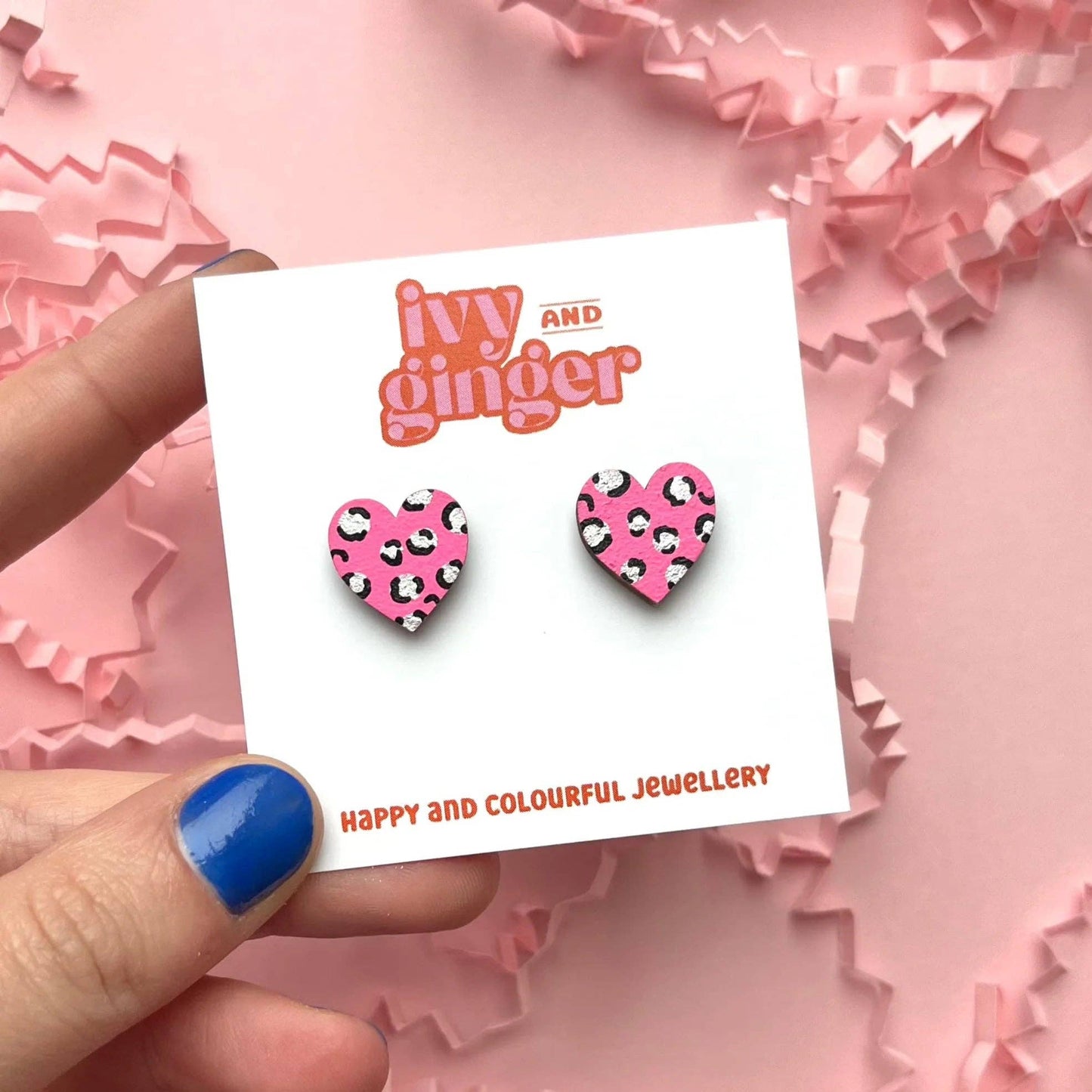 Midi leopard print heart studs in bright pink and silver