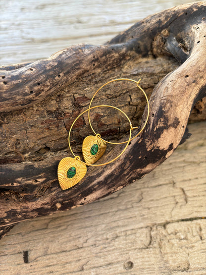 18ct Gold Plated Malachite Heart Hoop Earrings