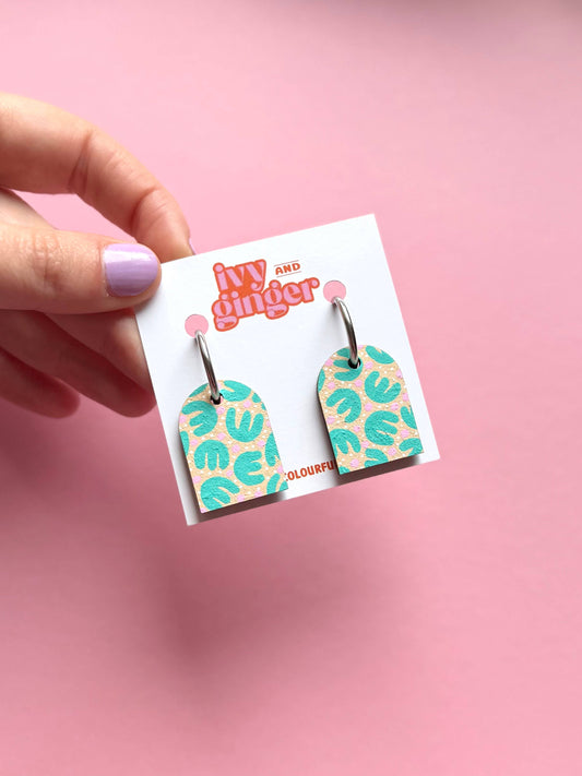 Hand painted fun retro tropic arch dangle hoop earrings