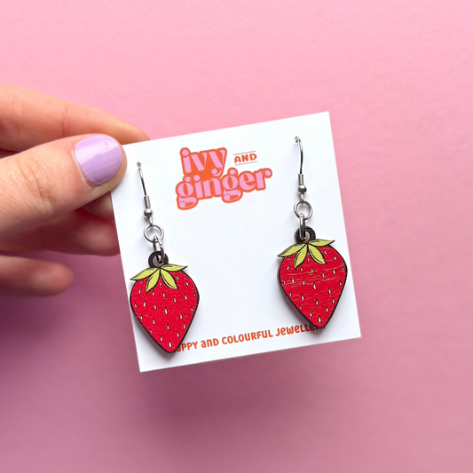 Strawberry Summer Bold Wooden Statement Dangle Earrings