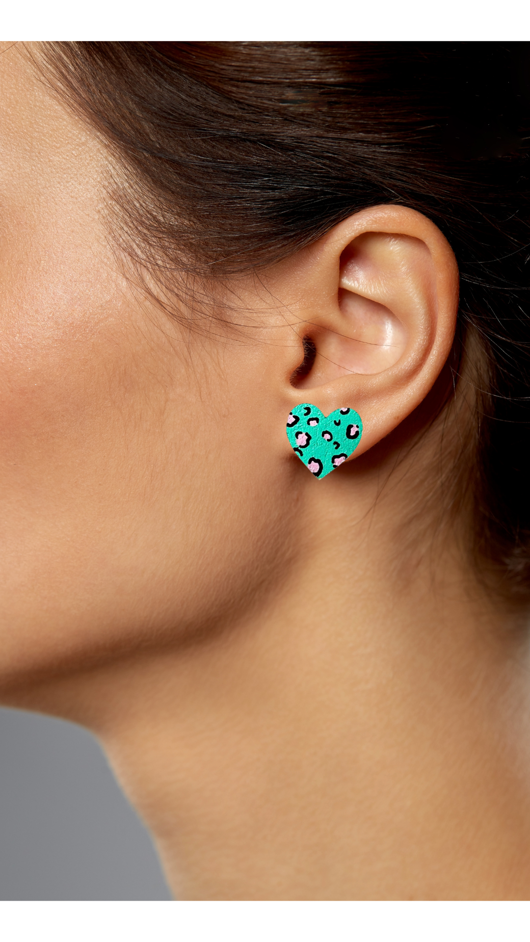 Midi Handmade Leopard Print Heart Studs Green and Pink
