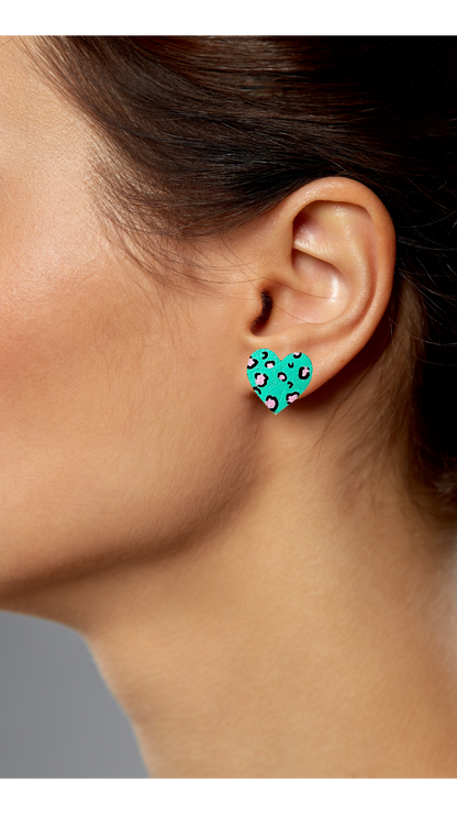 Midi Handmade Leopard Print Heart Studs Green and Pink