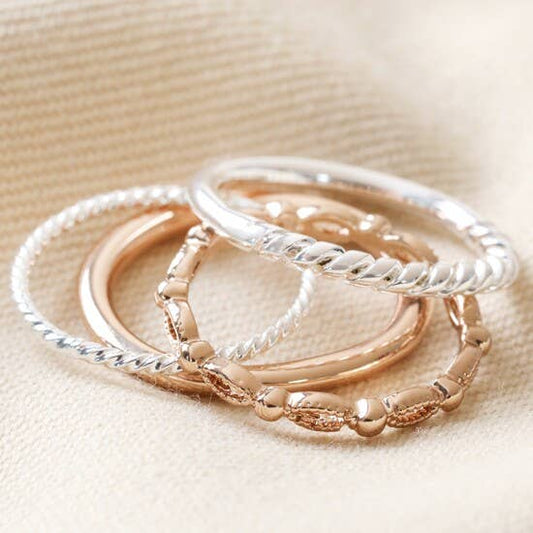 Set of 4 Silver and Rose Gold Stacking Rings